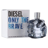 Diesel Only The Brave Eau de Toilette 125ml spray bottle resting horizontally next to its white and blue graphic product presentation box on a clean background.