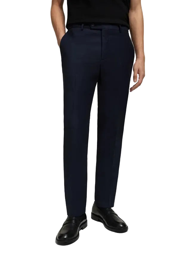 Navy blue men's tailored trousers with a straight leg, side pockets, belt loops, and a button and zip fly.