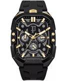 Front view of the Police Bullhead watch showing the black dial and gold-tone indexes.