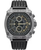 Front view of the Police Norwood watch showing the dual-time gray dial and black leather strap