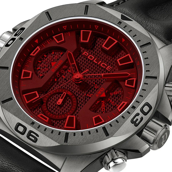 Police Electrical Gents Black Dial Red Lens IP Gun Case Black Leather ...