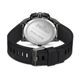 Frontal view of the Police Spider-Man watch highlighting the bacl case strap  .