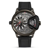 Frontal view of the Police Spider-Man watch highlighting the black web skeleton dial.