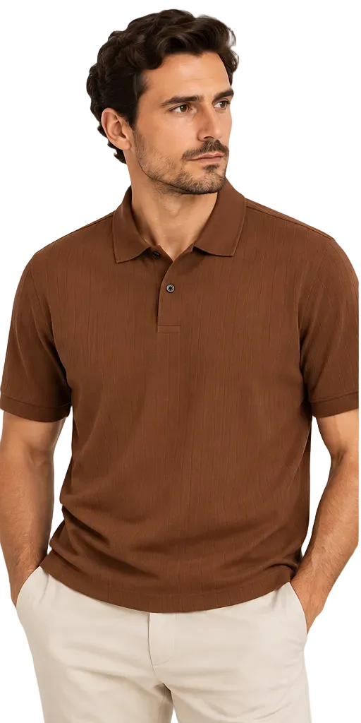 Cognac brown men's polo shirt with a classic collar, two-button placket, and subtle vertical ribbed texture.