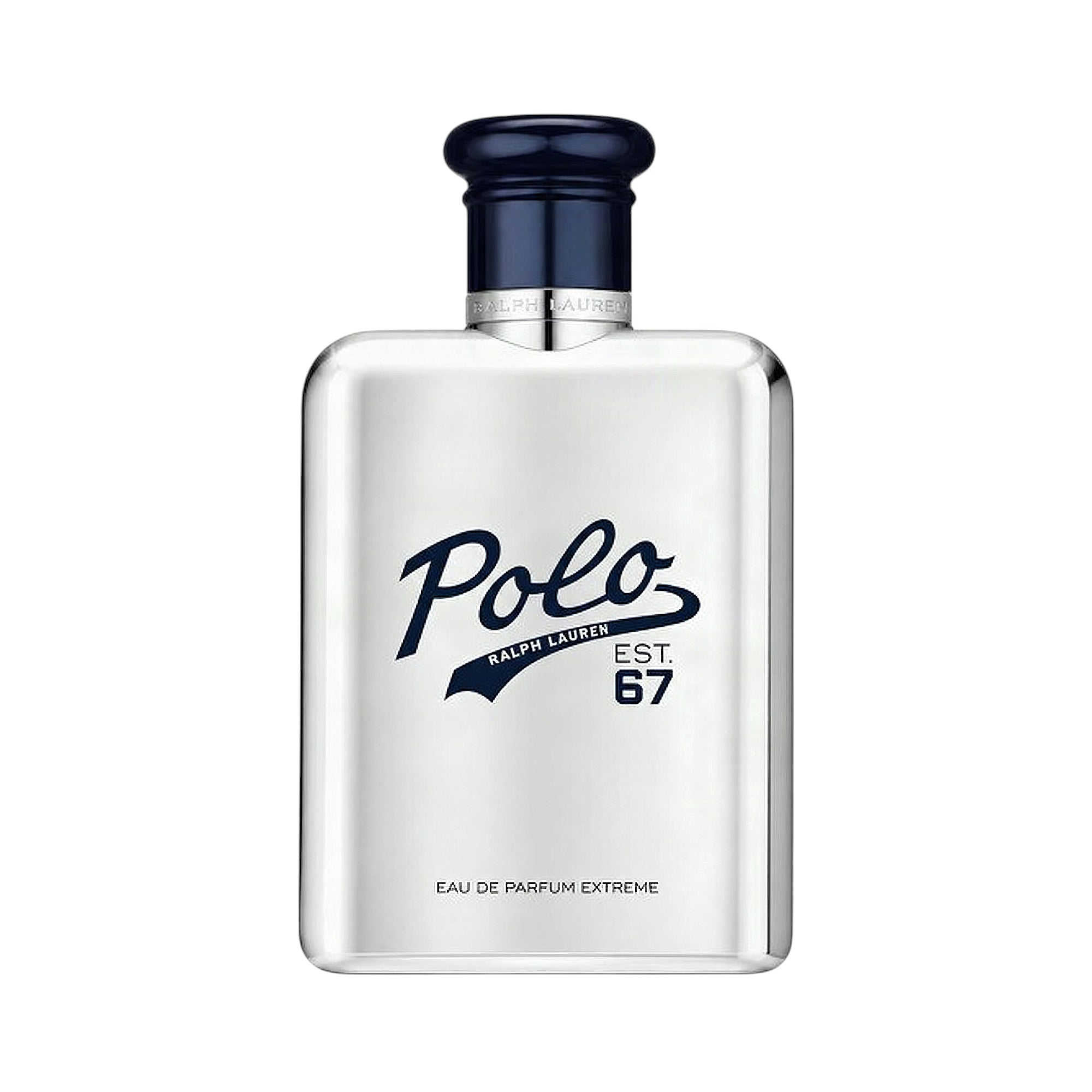 Ralph Lauren Polo 67 Eau de Parfum Extreme in a clear glass bottle with dark blue cap and silver-toned collar.