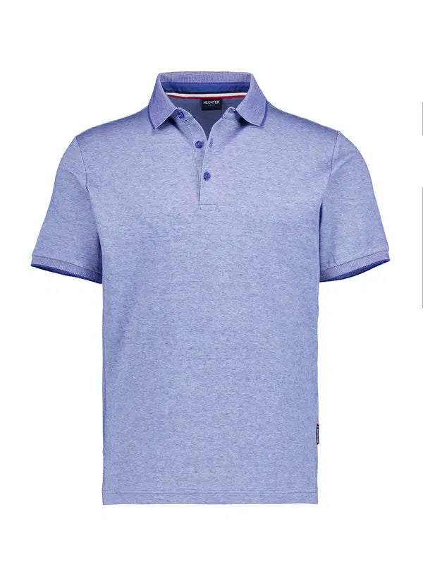 Heathered periwinkle blue short-sleeve polo shirt with a classic collar, two blue buttons, and ribbed darker blue cuffs.