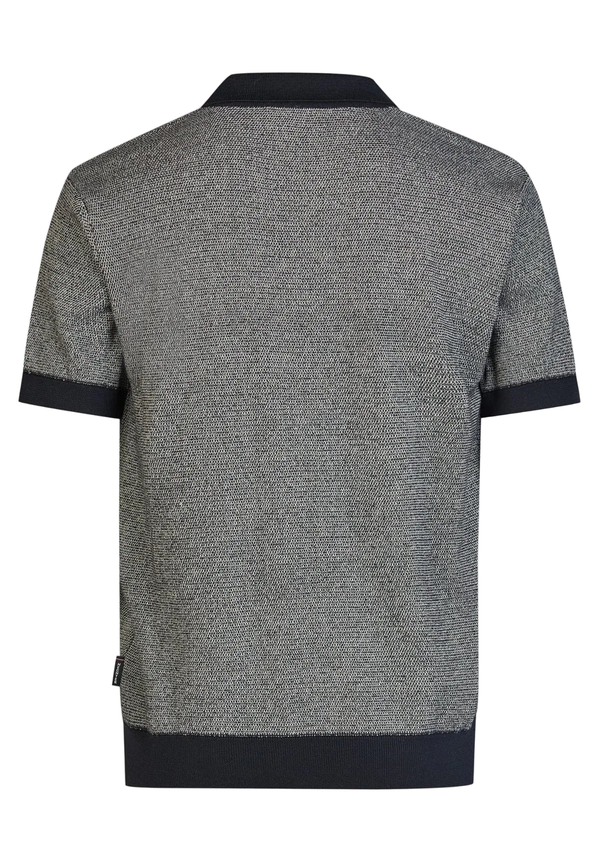 Textured knit polo shirt, back view. Short sleeves, sand and dark grey patterned body. Dark navy ribbed collar, sleeve cuffs,