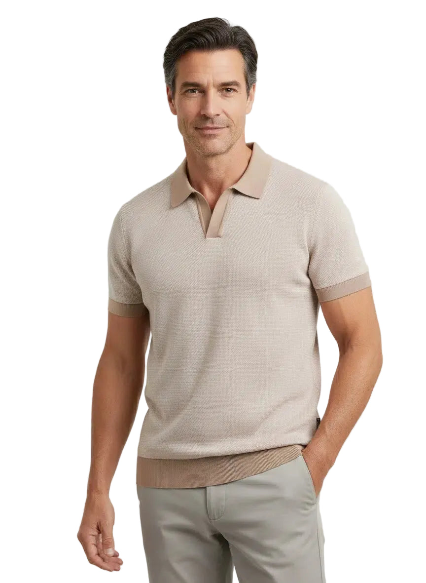 Sand beige knit polo shirt with a classic collar, V-neck placket, and ribbed cuffs and hem.