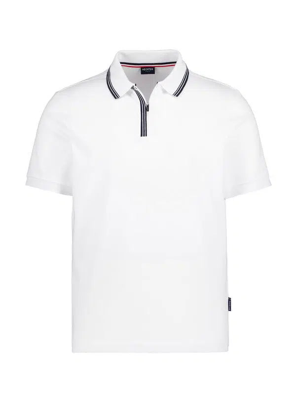 White short-sleeve polo shirt with a collar and zipper placket, both featuring navy blue stripes. Small brand tag on hem.