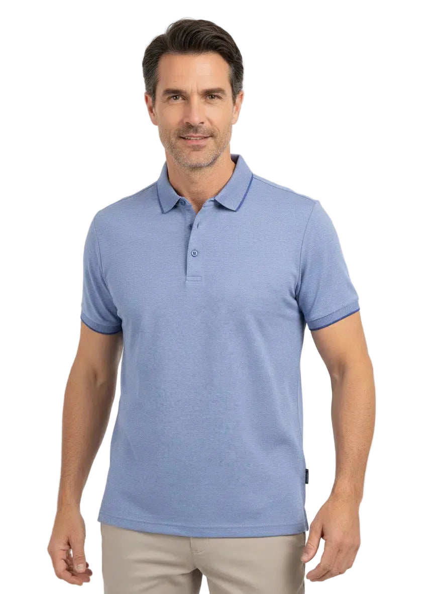 Light blue short-sleeved men's polo shirt with a two-button placket and dark blue trim on the collar and cuffs.