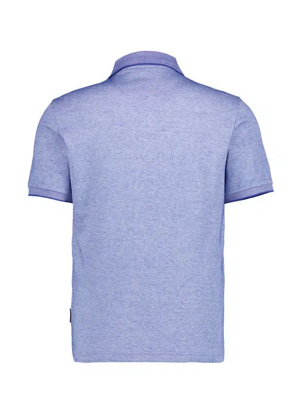 Heathered blue short-sleeved polo shirt with ribbed collar and cuffs, darker blue stripe on inner edges, and a small black ta