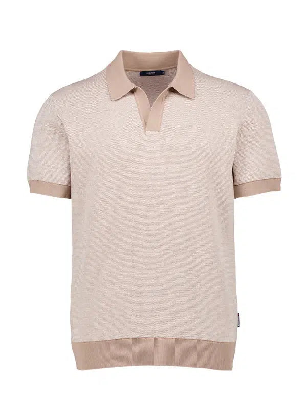 Two-toned sand knit polo with short sleeves, V-neck placket, and ribbed collar, cuffs, and hem.