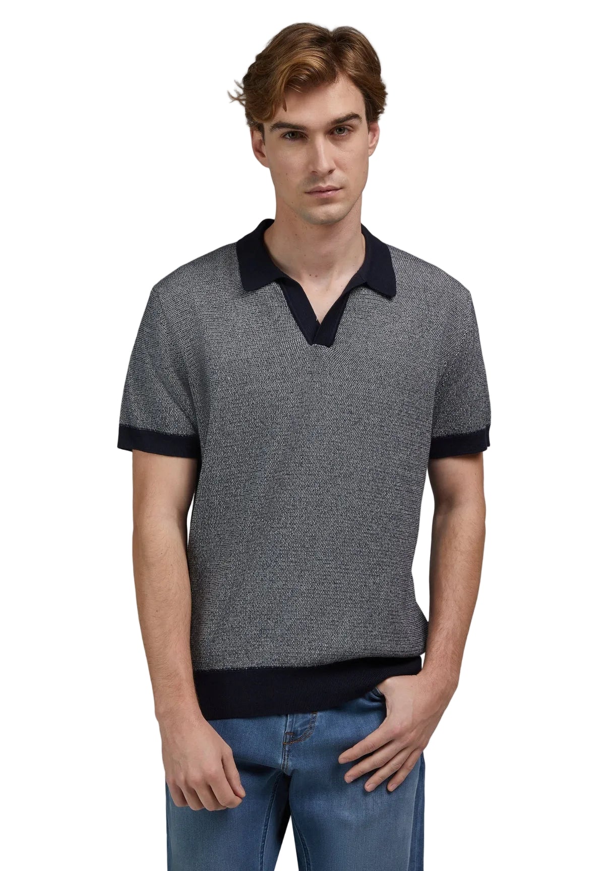 Knit polo shirt with a speckled light grey body, navy blue spread collar, V-neck placket, short sleeves with navy cuffs, and