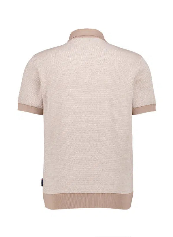 Light sand textured knit polo shirt with short sleeves, a darker sand collar, ribbed cuffs and hem, and a small blue tag. Bac