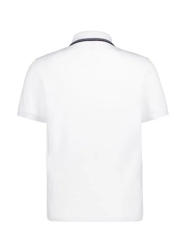 White short-sleeve polo shirt, back view. Collar has two thin dark stripes.