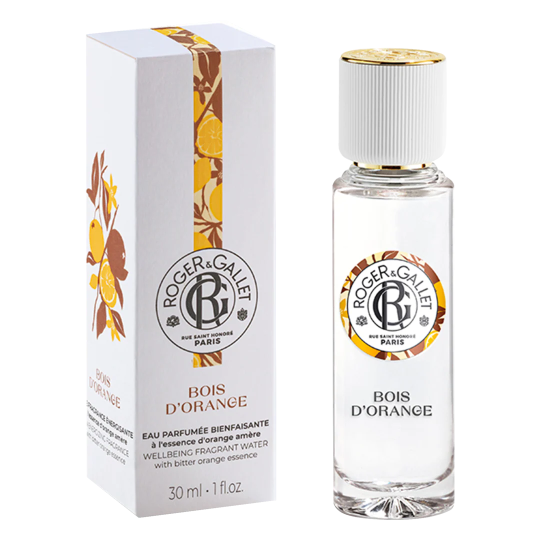 oger & Gallet Bois d'Orange Wellbeing Fragrant Water 30ml bottle next to its white and orange illustrated packaging, available at Blue Salon Online.