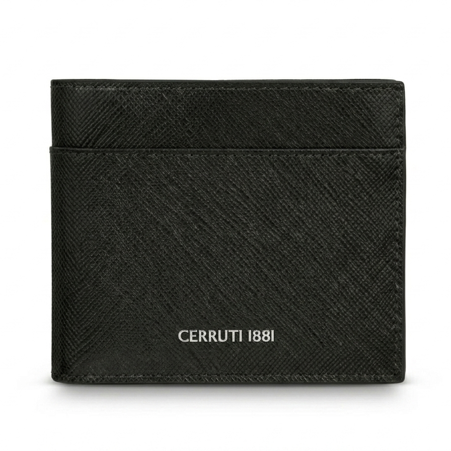 Front view of the Cerruti 1881 men's bi-fold wallet in black cross-hatch Saffiano genuine leather, featuring an exterior slot pocket and a silver metallic brand name at the bottom.