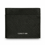 Front view of the Cerruti 1881 men's bi-fold wallet in black cross-hatch Saffiano genuine leather, featuring an exterior slot pocket and a silver metallic brand name at the bottom.