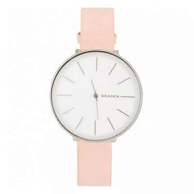 Skagen Karolina Ladies White Dial Silver Case Pink Leather Strap Watch