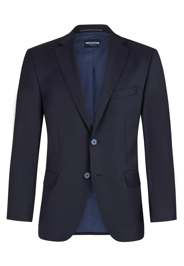 Dark navy blue single-breasted jacket with notched lapels, two light blue buttons, two flap pockets, and a chest welt pocket.