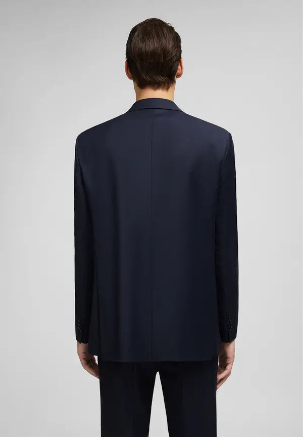 Dark blue suit jacket with a single back vent and two buttons on each sleeve cuff.