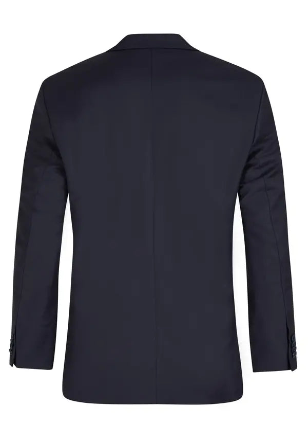 Dark blue suit jacket, back view, with a single vent and four dark buttons on each sleeve cuff.