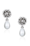 Front view of Santinni Countess earrings with crystal flower studs and pearl drops.
