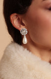Front view of Santinni Countess earrings with crystal flower studs and pearl drops.