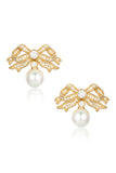 Front view of Santinni Sissi earrings featuring a crystal gold bow and pearl drop.