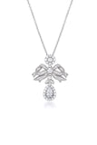 Front view of the Elizabeth necklace featuring the silver bow and pear-cut crystal pendant.
