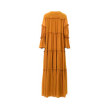 The back of the SHAIRA mustard yellow maxi kaftan showing the tiered chiffon construction and ruffled horizontal seams.
