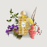 Clear glass perfume bottle with yellow liquid, gold-toned cap, and embossed gold-toned crown pattern. Label: 'Spice and Wood'
