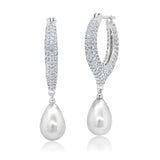 Silver-toned pavé-set oval hoop earrings with white teardrop pearl drops.