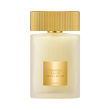 Frosted off-white rectangular perfume bottle with vertical ridges, a gold-toned label, and a ridged gold-toned cap.