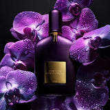 Dark purple fluted perfume bottle with a gold-toned label and neck detail, and a matching ridged cap.