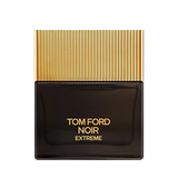Dark rectangular Tom Ford Noir Extreme fragrance bottle with gold-toned lettering and a vertically ribbed gold-toned cap.