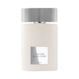 Cream ribbed perfume bottle with a silver-toned ridged cap and a silver-toned label displaying the brand and product name.