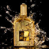Gold-toned Tom Ford Black Orchid Parfum bottle with vertical ridges, a ridged cap, and a black label.
