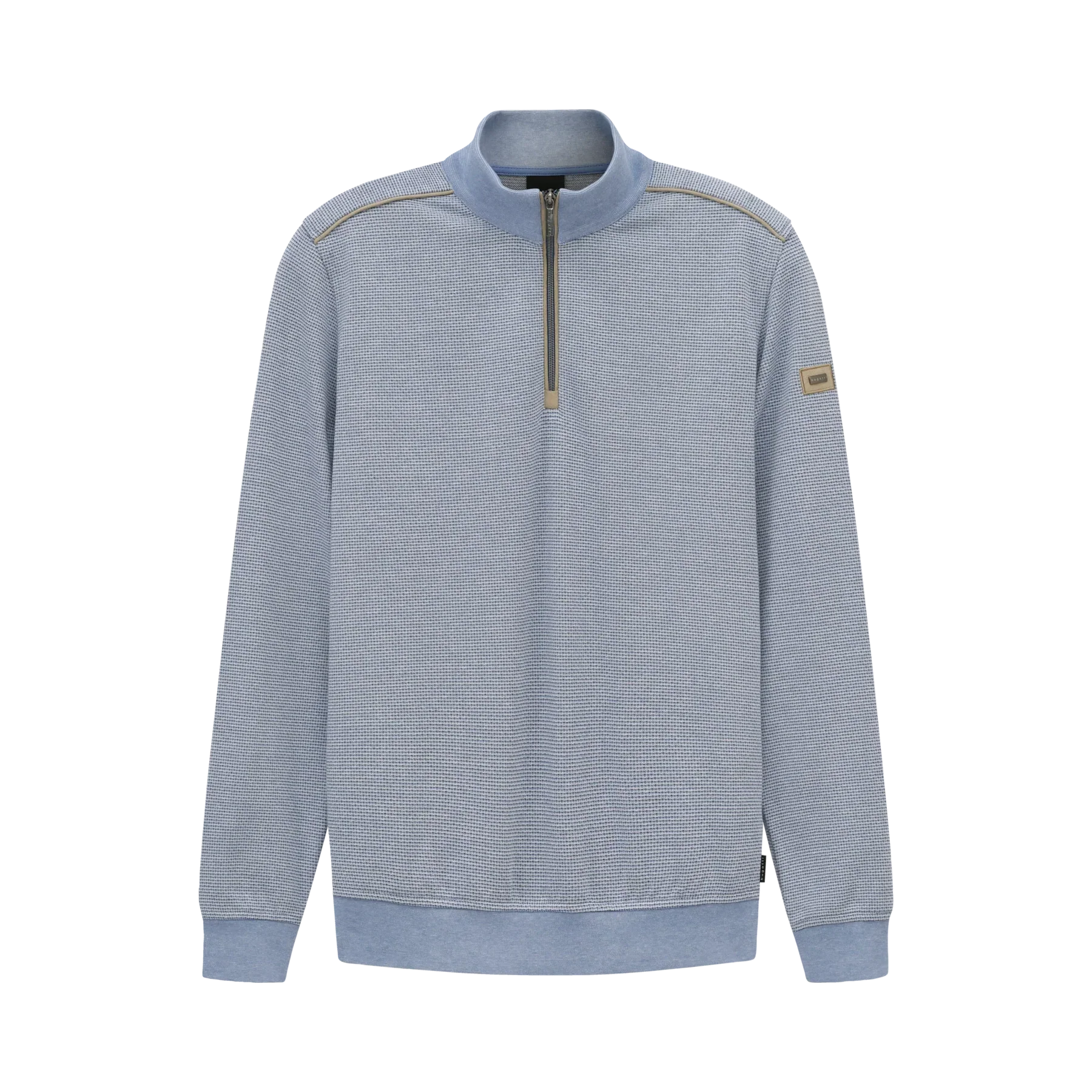 Light blue textured quarter-zip sweatshirt with a stand collar, dark grey zipper, brown shoulder piping, and ribbed cuffs/hem