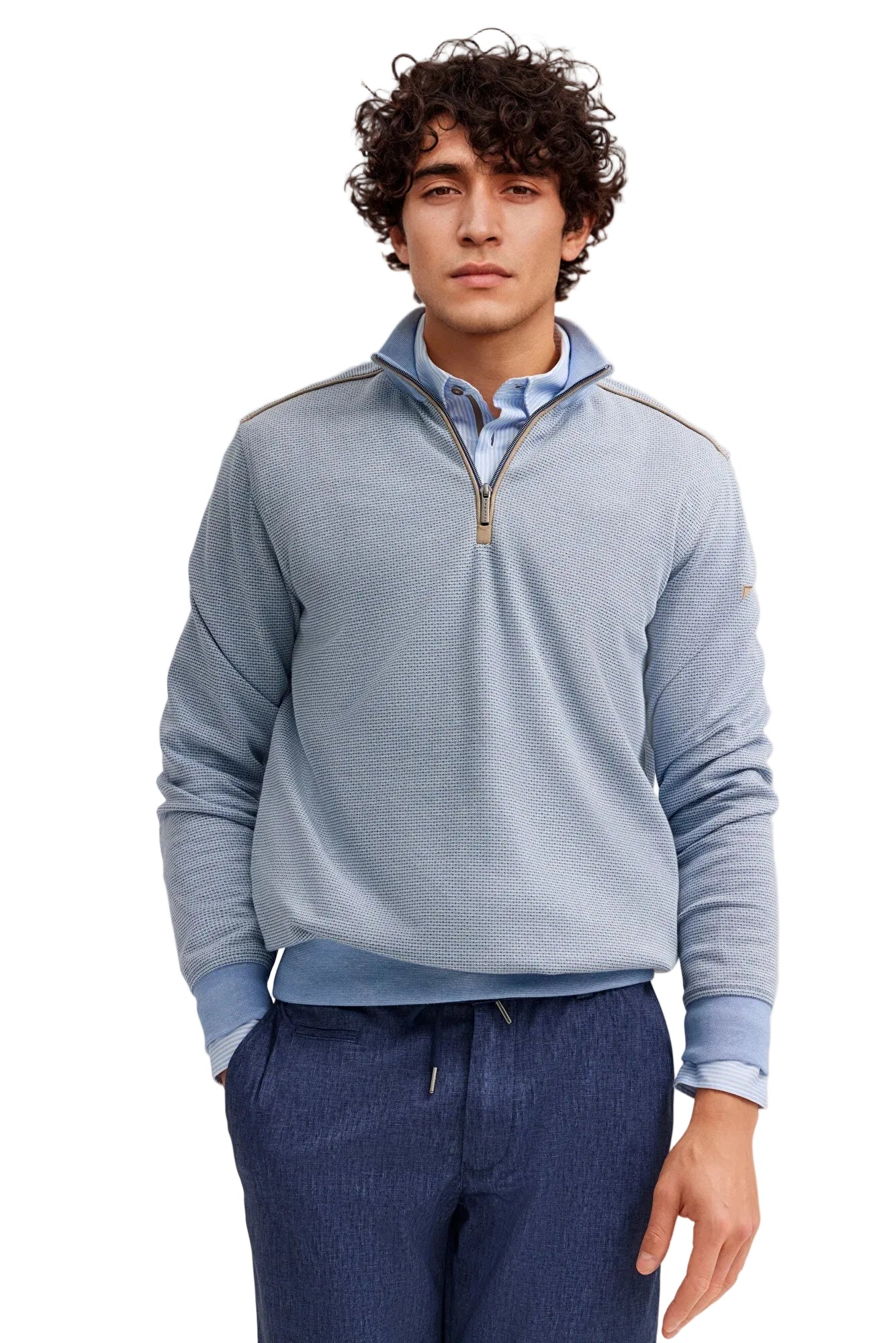 Light blue men's quarter-zip sweatshirt with a textured pattern, stand-up collar, gold-toned zipper, and ribbed cuffs and hem