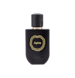 Front studio shot of Touch of Oud Aghla Eau de Parfum 60ml, available at Blue Salon Online. The sleek, curved matte black bottle features a textured dark wood grain cap and a central gold wavy ripple emblem framing the product name.