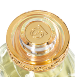 A macro, top-down view of the Touch of Oud luxury fragrance cap on Blue Salon Online. The design spotlights a polished gold center engraved with the brand emblem, enclosed in thick clear acrylic with an ornate gold filigree border.