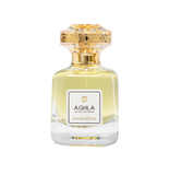 Front studio view of Touch of Oud Aghla Extrait de Parfum 80ml from Blue Salon Online. The clear glass flacon contains a light olive-yellow juice, branded with a clean rectangular label and topped with an intricate gold filigree cap.