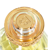 Close-up view of the intricate gold and acrylic brand-monogrammed cap on the Touch of Oud Salwan fragrance bottle, featured on Blue Salon Online.