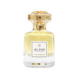 Front studio view of Touch of Oud Jelood Extrait de Parfum 80ml from Blue Salon Online. The clear glass flacon contains a golden-yellow liquid, branded with a white label and gold cap.