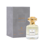 Touch of Oud Salwan 80ml perfume bottle standing next to its premium grey debossed gift box on Blue Salon Online. The luxury bottle showcases its elegant pale fragrance fluid against the structured presentation case.