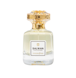 Front studio view of Touch of Oud Salwan Extrait de Parfum 80ml from Blue Salon Online. The clear glass flacon contains a light, pale-yellow liquid, branded with a clean rectangular label and topped with an intricate gold filigree cap.