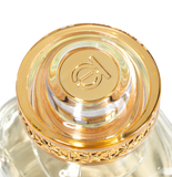 A close-up, top-down view of the luxurious Touch of Oud fragrance cap featured on Blue Salon Online. The design highlights a polished gold central emblem engraved with the brand logo, encased in crystal-clear acrylic with a detailed filigree gold border.