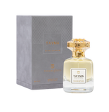 Touch of Oud Tayma 80ml perfume bottle displayed next to its premium grey textured gift box on Blue Salon Online. The elegant glass bottle showcases its pale gold fragrance fluid, paired with a matching debossed presentation box.