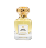 A clear glass bottle of Touch of Oud Ward Extrait de Parfum (80ml) filled with golden-yellow perfume liquid, positioned next to its structured, textured grey presentation box. The bottle features a white rectangular label with clean black typography and a gold logo, paired with an ornate, engraved gold and clear acrylic cap.